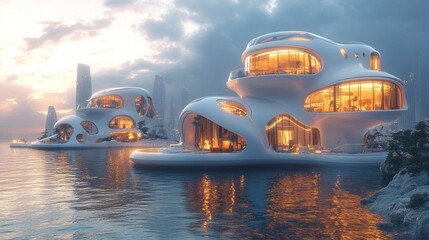Futuristic houses on water, sunset city backdrop.
