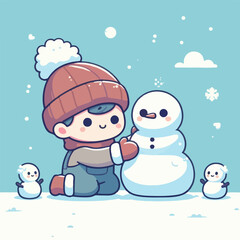 vector image of little boy playing in the snow in winter