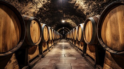 Wine cellar with wooden barrels. Concept of aging, tradition, and winemaking.