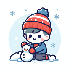 vector image of little boy playing in the snow in winter