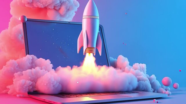 Laptop Rocket Launch: A vibrant, stylized image depicting a rocket launching from a laptop, symbolizing a rapid business takeoff or technological innovation.  The scene is dynamic and energetic.