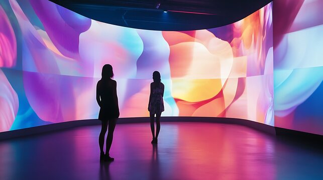 Two women silhouetted against a vibrant, curved digital art display.