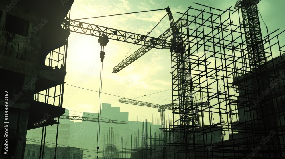 Poster silhouetted construction site with cranes and scaffolding against a hazy sky.