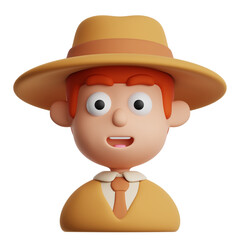 3D cartoon character of a male detective wearing formal clothes, a brown suit with hat, isolated on transparent background.