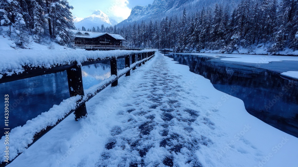 Poster snow-covered pathway beside a tranquil lake with a cabin and mountains in the background.