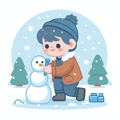 vector image of little boy playing in the snow in winter