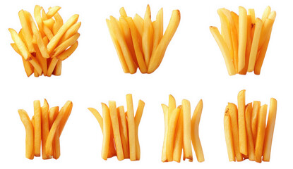 a collection of eight different arrangements of golden brown french fries isolated on a transparent background the fries are crisp. cooked to perfection. and ideal for showcasing fast food. snacks. or