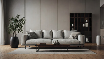 A light grey fabric sofa with several pillows sits on a light beige rug in a minimalist living room.  A dark wooden shelving unit and a potted plant are visible. The floor is light brown wood.
