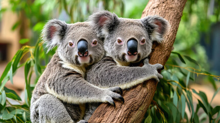 Obraz premium Cuddling koalas resting together on eucalyptus tree, surrounded by lush greenery, create heartwarming scene of affection and tranquility