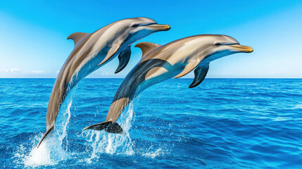 Dolphins leaping out of ocean in perfect synchronization, showcasing their playful nature and agility against vibrant blue sky