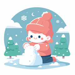 vector image of little boy playing in the snow in winter