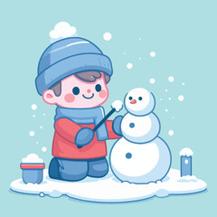 vector image of little boy playing in the snow in winter