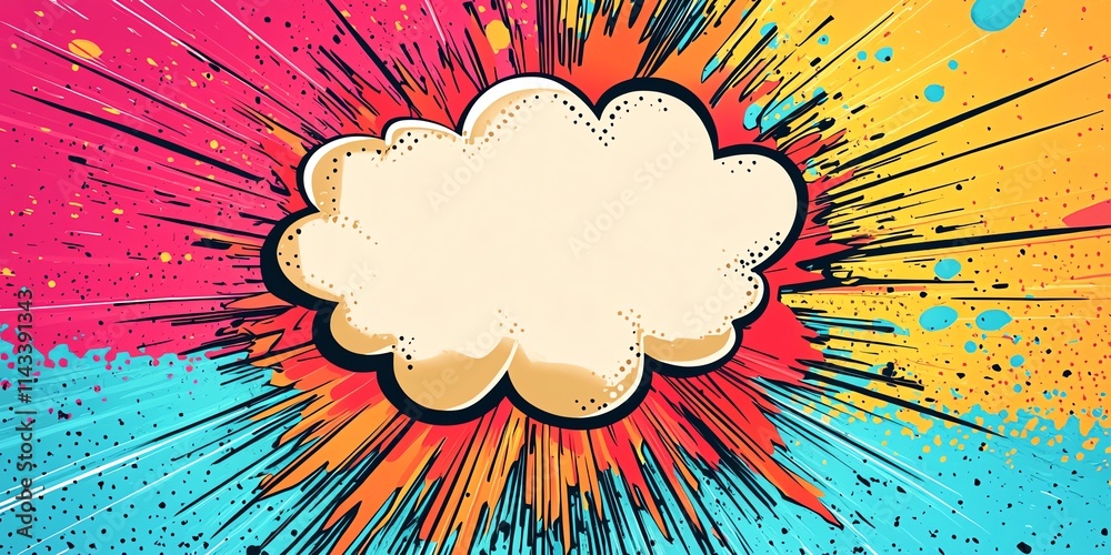 Poster A colorful comic-style explosion background with a blank speech bubble for text insertion.