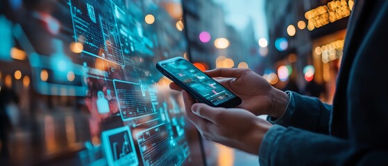 A businessman using a smartphone to access online banking, virtual payment screen showing shopping transactions, finance and technology network, sleek, hightech atmosphere
