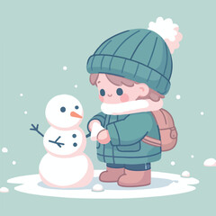 vector image of little boy playing in the snow in winter