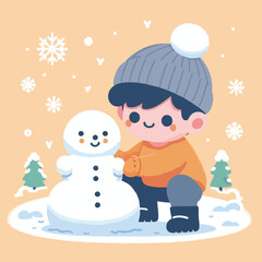 vector image of little boy playing in the snow in winter