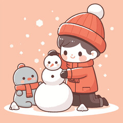 vector image of little boy playing in the snow in winter