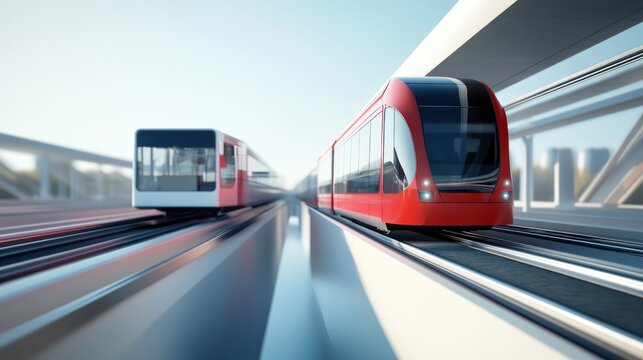 Two modern trains on parallel tracks in a futuristic urban setting.