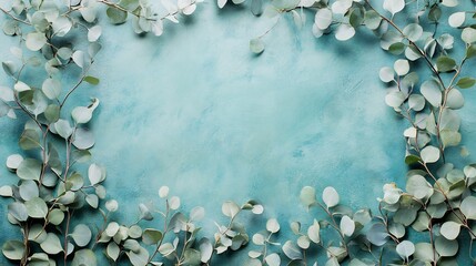 Eucalyptus branches frame on blue background.
