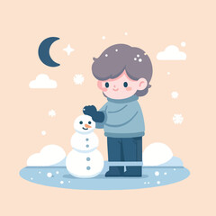 vector image of little boy playing in the snow in winter