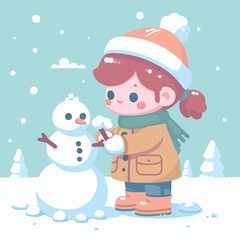 vector image of little boy playing in the snow in winter