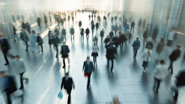 The Urban Flow: A captivating high-angle motion blur shot depicts a bustling crowd of diverse business people navigating a modern city hallway. The image evokes a sense of dynamism, energy.