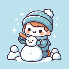 vector image of little boy playing in the snow in winter