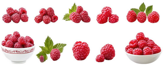 collection of fresh red raspberries isolated on transparent background there are several arrangements of raspberries. some with green leaves some raspberries are in a small white bowl with a red trim
