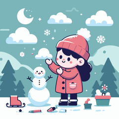 vector image of little boy playing in the snow in winter