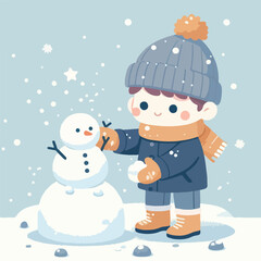 vector image of little boy playing in the snow in winter