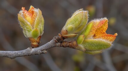 Fototapeta premium Fresh Spring Buds Emerging on a Branch with Soft Green Leaves