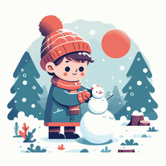 vector image of little boy playing in the snow in winter