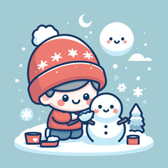 vector image of little boy playing in the snow in winter