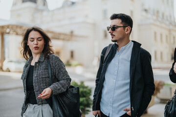 Business professionals engaging in conversation while walking outside an office building. The image captures a moment of communication and collaboration in a professional setting.