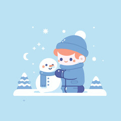 vector image of little boy playing in the snow in winter