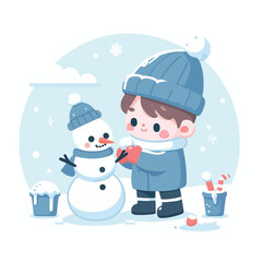 vector image of little boy playing in the snow in winter