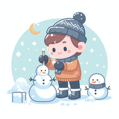 vector image of little boy playing in the snow in winter