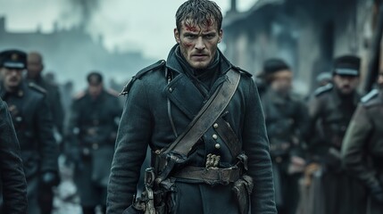 Obraz premium A Weathered Soldier in a Gritty Historical Setting