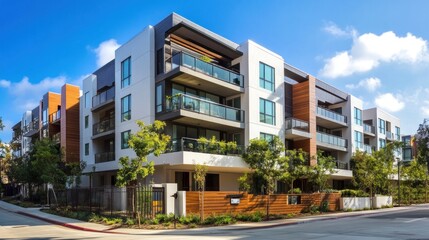 Obraz premium Modern Apartment Building with Balconies and Wooden Accents