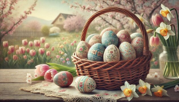 Vintage-Ostern: Fr&uuml;hlingsidylle mit Osterkorb und Blumengarten