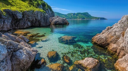 Serene Coastal Landscape with Clear Blue Water and Rocky Shoreline