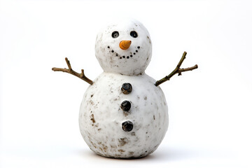 Selective focus snowman with snowball, twig and carrot isolated on white background, Portrait of white snow man on white.