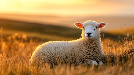 Obraz premium Adorable lamb in golden sunset meadow. Concept of tranquility and rural life.