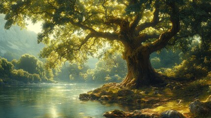 Fototapeta premium Sunlit riverbank, ancient oak, lush forest.