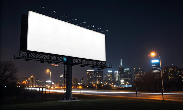 billboard signboard mockup white color nightmare evening advertisement marketing sale product banner business poster message copy space city urban road placard frame transportation lighting outdoor 