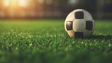 Sunlit Soccer Ball on Lush Green Grass Field