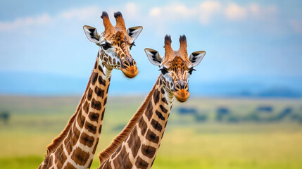 Obraz premium Giraffes standing close together, showcasing their graceful necks and unique patterns against blurred natural background. serene moment in wild