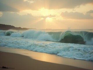  photo of the ocean waves crashing on the beach at dusk generative ai