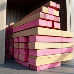 Wooden boards painted with pink fire retardant stacked on top of each the other wood concrete design wood design concrete architecture wall floor modern