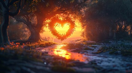 Fiery heart shaped arch glowing in the midst of an enchanted autumn forest landscape with a tranquil stream and warm atmospheric lighting creating a captivating and magical scene